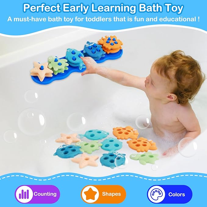 Baby Bath Toys, Mold Free Silcone Shape Sorting & Stacking Bath Toy Set with 10 Cute Floating Pieces, Color & Shape Sorter Toys for Toddler Early Learning Bathtub Fun