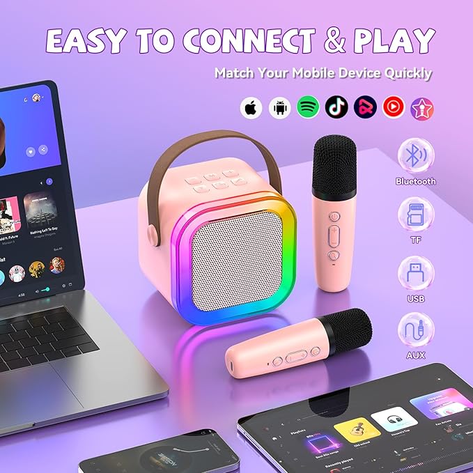Mini Karaoke Machine for Kids Girls Boys - Birthday Gifts for Ages 4 5 6 7 8+ Year Old - 2025 New est - Portable Bluetooth Speaker with 2 Wireless Microphone - Kids' Instrument Accessories - Pink