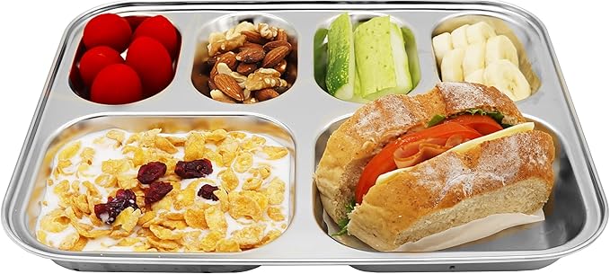 Korean Stainless Steel Divided Plates, Food Grade 304 Tray for Kids, Teens, Adults, Picky Eaters, BPA Free, 6 Sections, Diet Portion Control, Serving Platter, Dinner Snack, Set of 2
