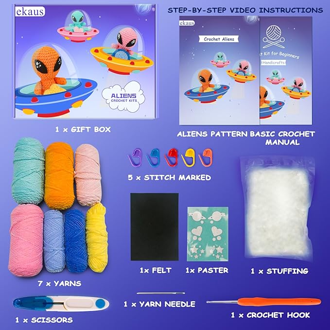 ekaus Crochet Kit for Beginners, Crochet Kit with Step-by-Step Video Tutorials, Crochet DIY Knitting Supplies for Adults Kids, Crochet Aliens(45%+ Yarn)