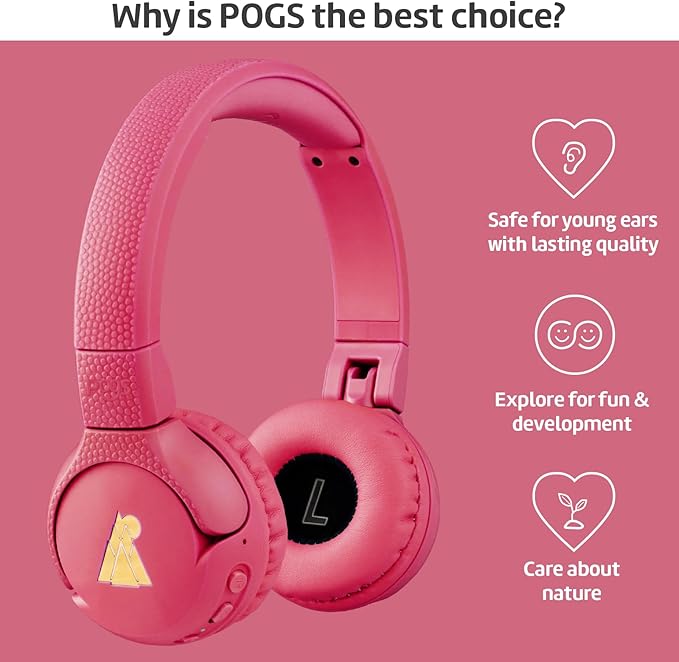 POGS Kids Bluetooth Wireless Headphones | The Gecko 2 | Foldable, Durable Headphones for Kids 3+ | Volume Limited 85 dB, Microphone | On-Ear | Wireless Music-Sharing Function (rPink)