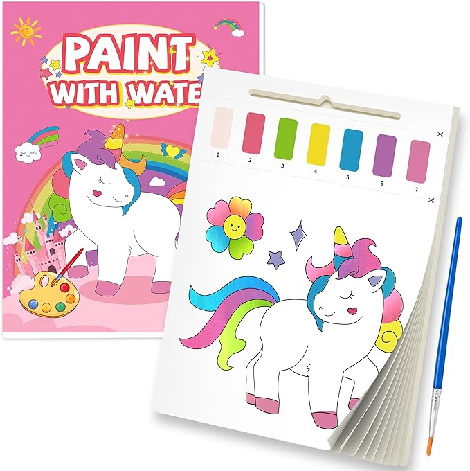 Paint with Water Books for Kids, Unicorn Watercolor Paint Book Set for Kids,Toddlers Water Color Coloring Painting Drawing Set,Mess Free Toys Gifts for Girls Age 3 4 5 6 7 8