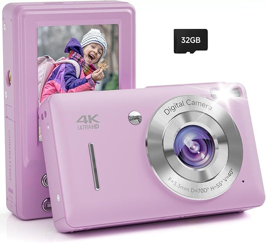 Digital Camera, 44MP FHD 1080P, 16X Zoom, 32GB SD Card, Compact Camera for Kids Teens Adults, Purple