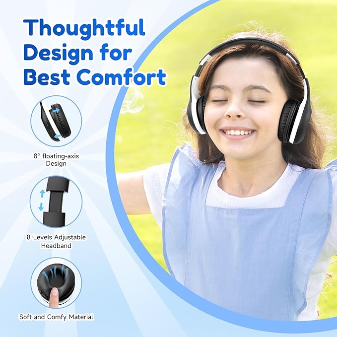 EarFun K2 Kids Bluetooth Headphones, Kids Headphones with Volume Limited, 40H Playtime, Built-in Mic, Stereo Sound, Foldable Over-Ear Headphone for School/Travel/iPad/Tablet, Black