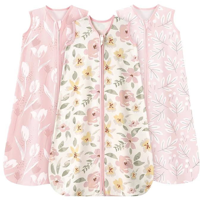 Baby Sleep Sack 18-24 Months 3 Pack 100% Cotton Lightweight 0.5 TOG Wearable Blanket Baby Sleep Bag with 2-Way Zipper for Newborn Infant Pink Flowers & Leaf