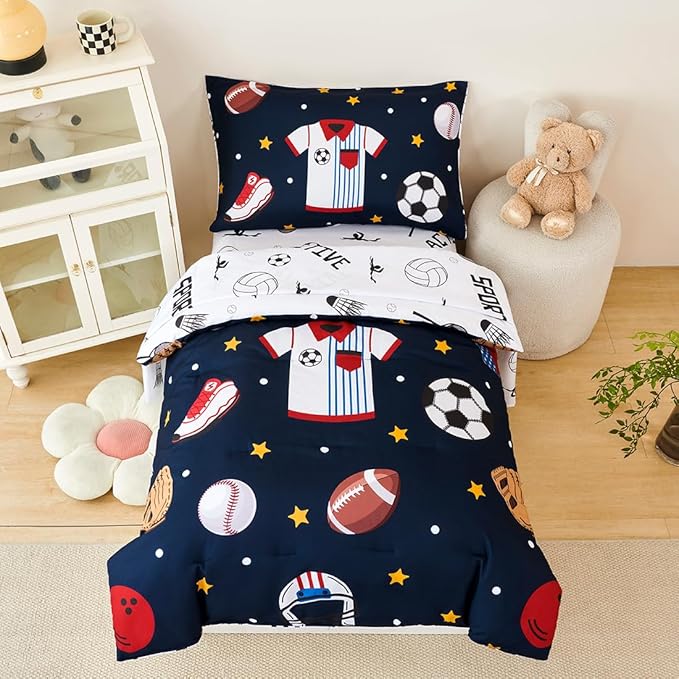 PERFEMET Sports Bedding Set Twin Size 4 Pcs Reversible Ball Sport Theme Comforter Set for Boys Girls Soft Reversible Navy Blue Baseball Football Kids Bed in a Bag(Sport, Twin)