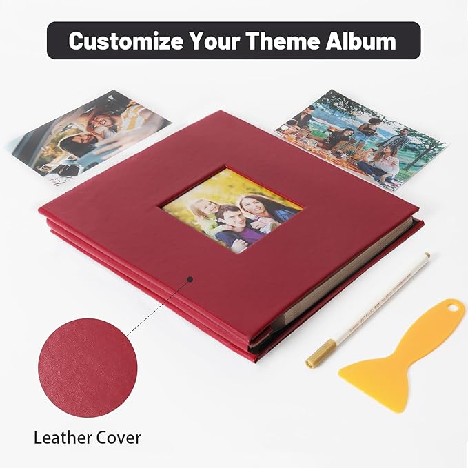 RECUTMS Photo Album Self Adhesive Magnetic Scrapbook 4x6 5x7 8x10 Pictures Scrapbook Album, 40 Pages Photo Book for DIY Baby Family Wedding with Metal Pen and Plastic Board (Red)