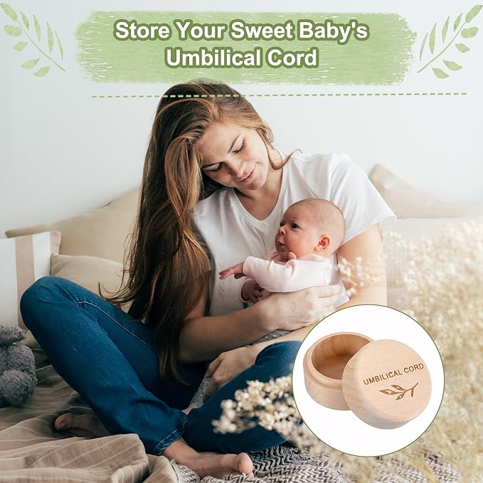 Umbilical Cord Memorial Box Engraved Wooden Round Newborn Wood Case Baby Keepsake Tooth Box Fetal Hair Memorial Storage Container Carved Baby Fetal Hair Case for Babys Shower Pregnancy Christen Gift