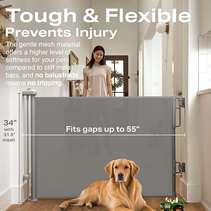 Cumbor 2-Pack Retractable Baby Gates for Stairs, 55" Wide Soft Mesh Pet Gate for Dogs with One Hand Opening, 34" Tall Toddler Gate with Top Lock for Bedroom, Doorways, Indoor/Outdoor, Gray