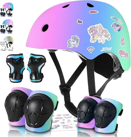 Adjustable Kids Bike Helmet with Knee & Elbow Pads Set, Color Gradient Design for Boys and Girls Aged 3-14+, for Skateboarding, Scooter, Roller & Inline Skating, Longboard