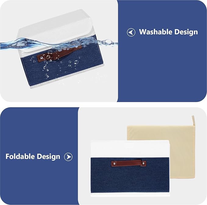 ANMINY 4PCS Storage Boxes with Lid Washable Decorative Storage Bin Basket with PU Leather Handle Foldable Linen Fabric Storage Cube Container for Home Closet Organizer - Deep Blue White, Small Size