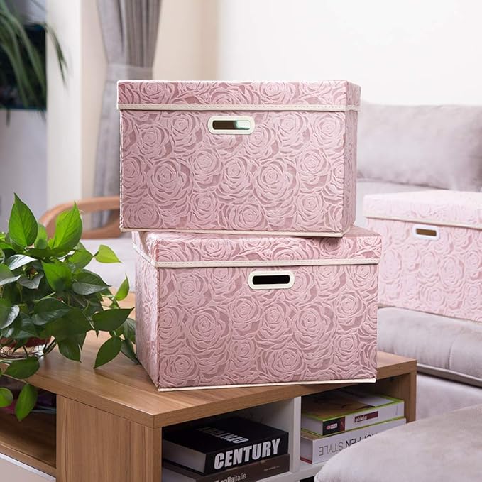 Prandom Larger Foldable Storage Boxes with Lid,Rose Pattern Fabric Decorative Storage Box,Cubes Organizers,Baskets with Handles,For Bedroom,Closet, Living Room,Pink,45x30x30cm[3-Pack]