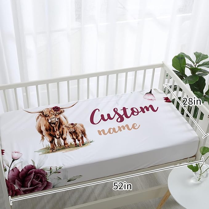 Personalized Nursery Crib Bedding Set: Custom Name 5 Piece Baby Crib Sets with Rose Highland Cow Pattern - Toddler Double Layer Blanket Set, Comfortable Crib Bed Sheets for Baby Grils