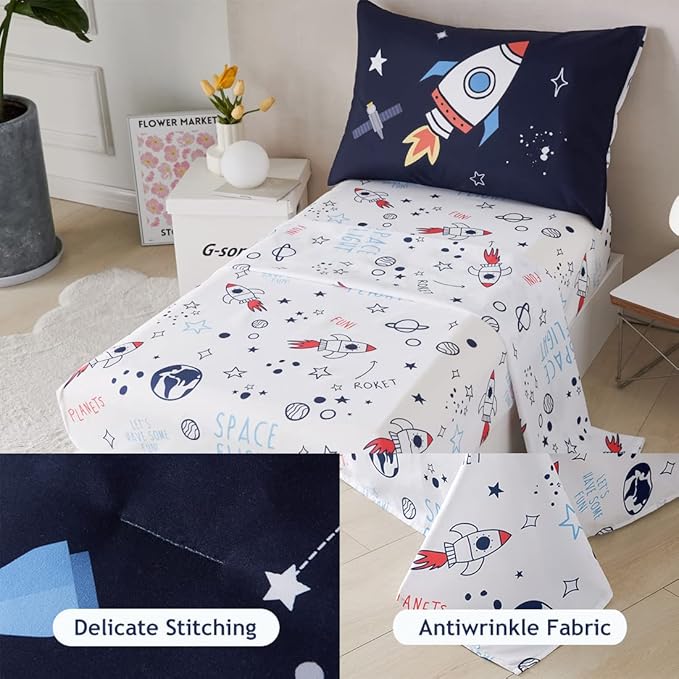 PERFEMET 4 Pcs Toddler Bedding Dark Blue Outer Space Printed Toddler Bed Set with Sheets Reversible Planet Rocket Pattern Bed in a Bag for Toddlers(Dark Blue, Planet/Rocket)