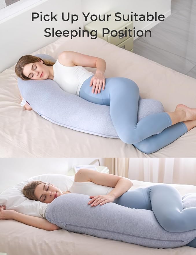 Momcozy Pregnancy Pillows for Side Sleeping, J Shaped Maternity Body Pillow for Pregnancy, Soft Pregnancy Pillow with Jersey Cover for Head Neck Belly Support, Grey