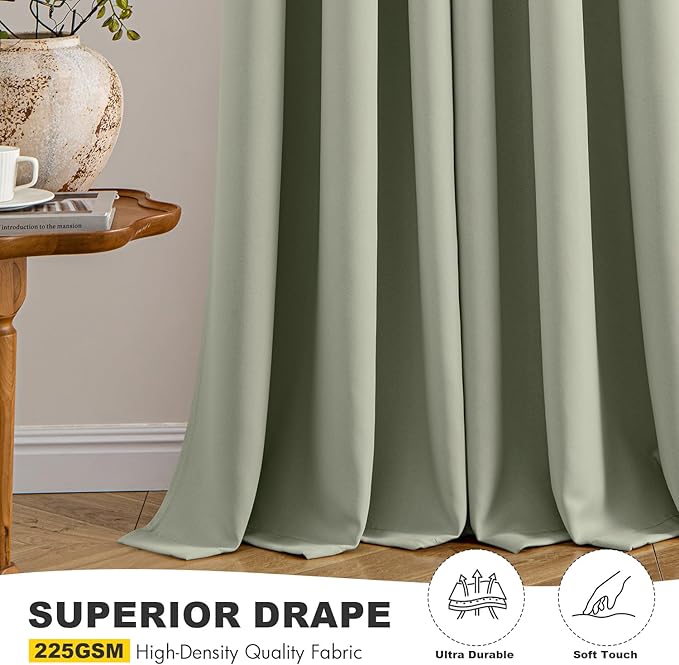 MIULEE Sage Green Blackout Curtains for Bedroom Living Room 64 Inches Long 2 Panels, Thermal Insulated Room Darkening Drapes Solid Grommet Top Noise Reducing Light Green Window Treatments 40x64 Inch
