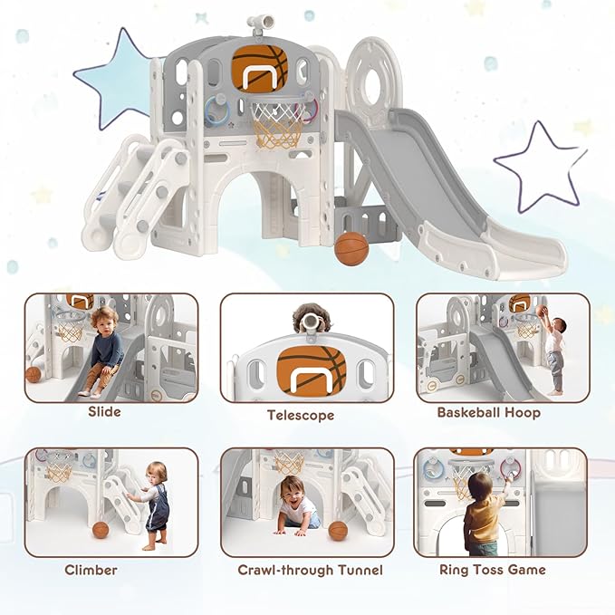 XJD 8 in 1 Toddler Slide Set, Kids Slide for Toddlers Age 1+, Toddler Climber Slide PlaySet with Basketball Hoop and Ball,Outdoor Indoor Playground for Toddlers 1-3 (Beige Grey, 8 in 1)