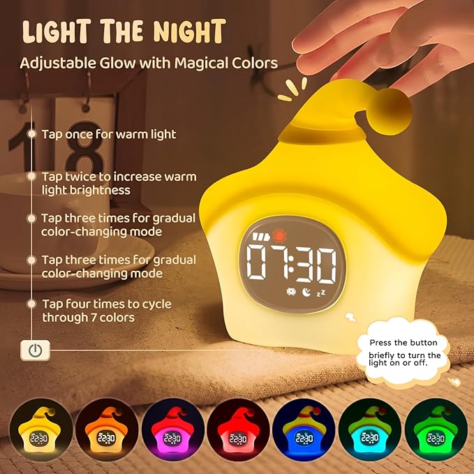 Star Alarm Clock with Night Light for Kids with Sleep Training and Sound Machine, Rechargeable Silicone Lamp OK to Wake Clock，Cute Animal Tabletop Lamp, Perfect Sleep Companion for Boys Girls, Yellow