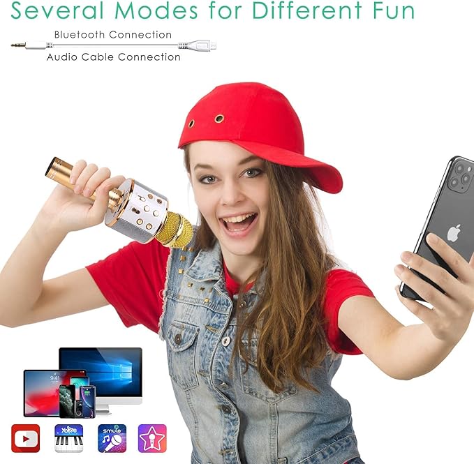 KIDWILL Wireless Bluetooth Karaoke Microphone for Kids, 5-in-1 Portable Handheld Karaoke Mic Speaker Player Recorder with Adjustable Remix FM Radio for Kids Girls Boys Teens Birthday (Gold)