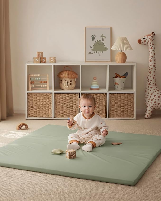 Blissful Diary Vegan Leather Baby Play Mat, 50x50 Thicken Foam Cushioned & Waterproof Playpen Mat for Infants and Toddlers, Stylish and Just Wipe-Clean Playmat for Baby Play on Floor, Light Green