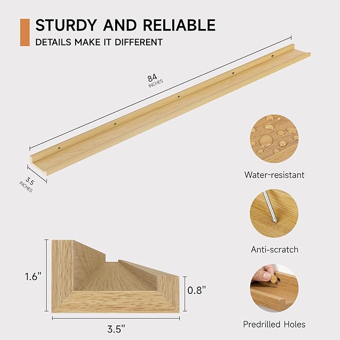 Floating Picture Ledge Shelves for Wall Set of 2, 84 Inches Picture Ledge Shelf with Long Large Nursery Book Shelf for Toys Storage Kids Bookshelf Wall Mounted Living Room Bedroom Decor Frames, Oak