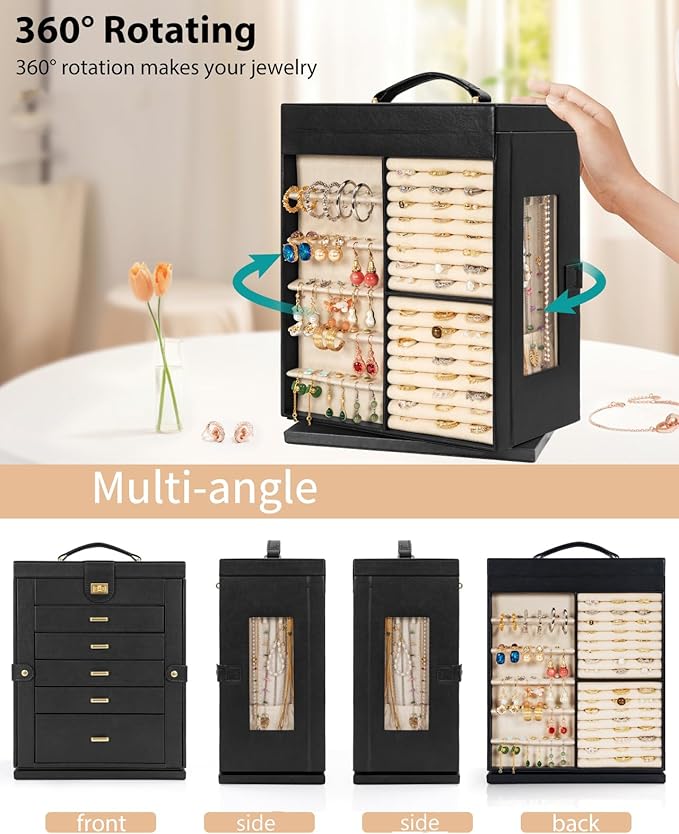 AKOZLIN Jewelry Box 6-Tier Organizer Functional 360° Rotating Jewelry Storage Case for Women Girls Ring Necklace Earring Bracelet Holder with Mirror