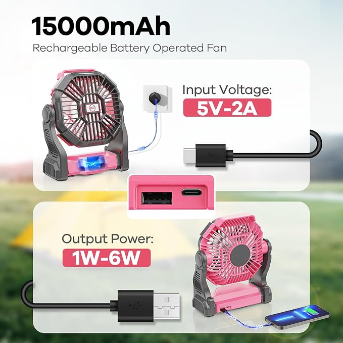 15000mAh Portable Battery Powered Camping Fan - with LED Light, Quiet Battery Operated, Camping Gear for Travel, Tent, Beach, Car or Hurricane Power Outages, Pink