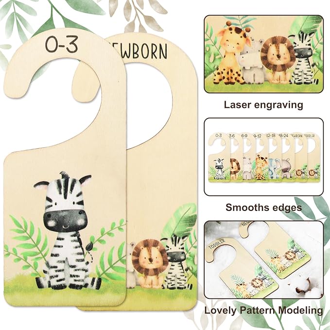 Whaline 8Pcs Baby Closet Size Dividers Watercolor Safari Animals Hanging Wooden Baby Closet Organizer Newborn to 24 Months Thicken Baby Wardrobe Organizer