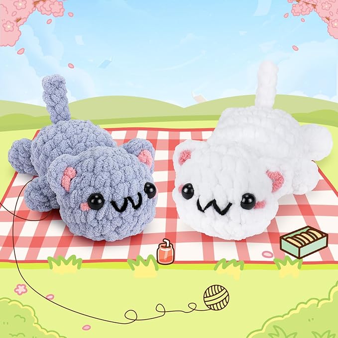 Crochet Kit for Beginners - 2PCS Kitty Crochet Kit with Step-by-Step Video Tutorials, Crochet Starter Kit for Adults and Kids, Learn to Crochet Cat, Beginner Crocheting Kit Easy Peasy Yarn