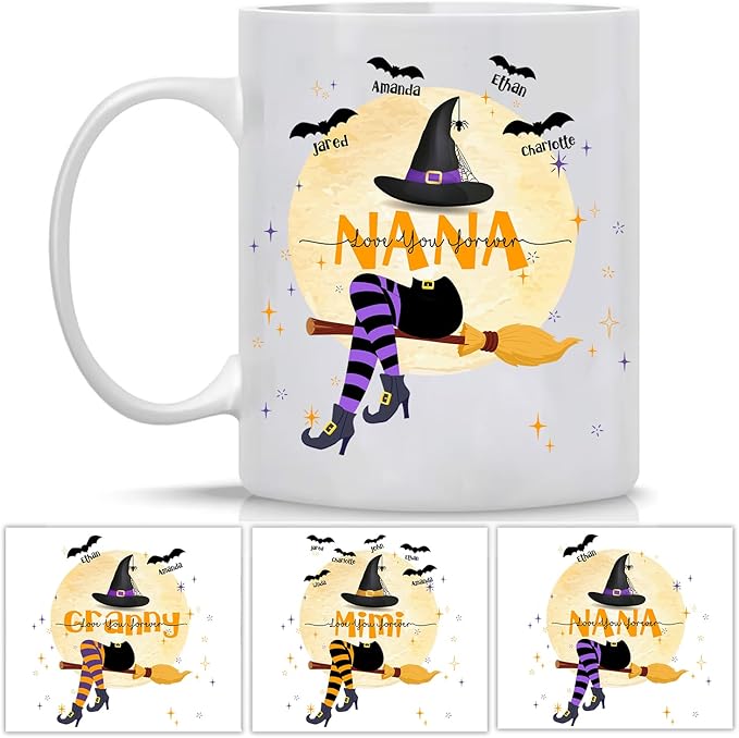 Personalized Witch Mug for Nana - Kids Names, 11 or 15 Oz Coffee Cup - Fall Gift for Her
