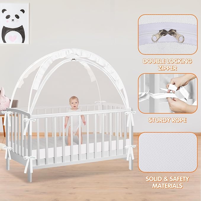Crib Tent to Keep Baby from Climbing Out - Crib Net to Keep Baby in - Pop Up Breathable Cribs Cover - Canopy with Upgrade Strong Mesh and Durable Zipper (White, Lager)