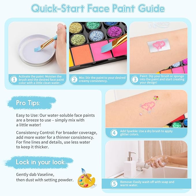 Pintada 42 Color Face Painting Kit for Kids +30g Black and White Face Paint - Non Toxic Water Based Face Paint Palette With Stencils, Brush, Gems. For Carnival, Halloween, Costume Makeup