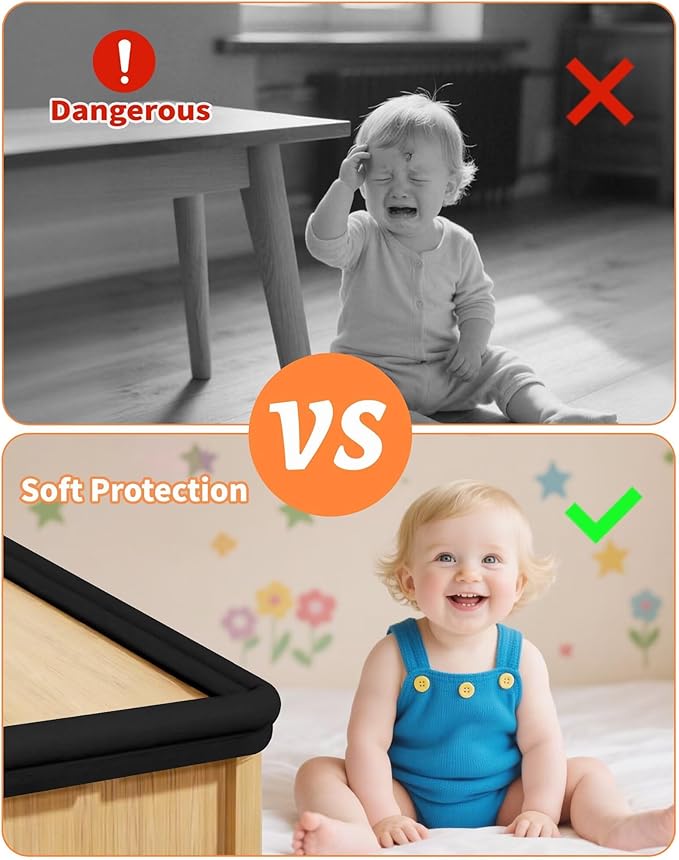 Edge Corner Protector Baby Proofing, 6.56FT 0.6'' Thicken L-Shape Furniture Fireplace Safety Bumper Guard with 6 Corners, Pre-Taped, Soft NBR Rubber Foam, Table Edge Protector for Baby (Black)