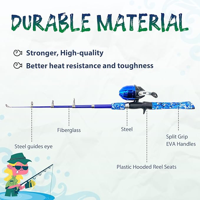 Kids Fishing Pole, Portable Telescopic Kids Fishing Poles for Boys and Girls, Fishing Rod and Reel Combo Kit with Tackle Box, and Fishing Net, Best Fishing Pole for Toddler Youth