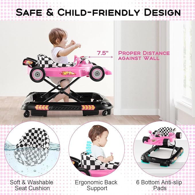 HONEY JOY Baby Walker, 4-in-1 Foldable Infant Activity Push Walker, Toddler Car Walker w/Adjustable Heights, Music, Lights, Removable Tray, Baby Walker with Wheels for Boys Girls 7-14 Months (Pink)