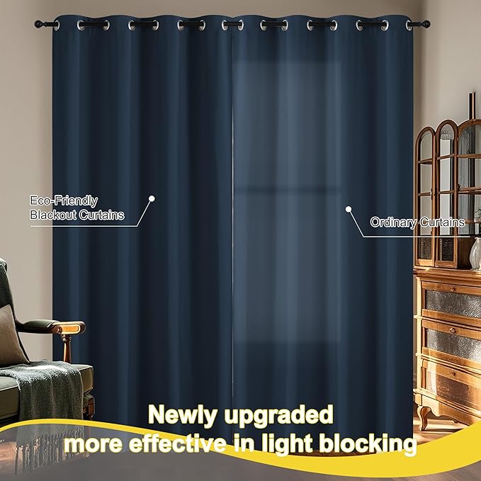 NICETOWN Farmhouse Curtains Thermal Insulated 100% Blackout Drapes Window Treatment Long Grommet Light Blocking Curtain for Living Room Bedroom, 2 Panels, 42 x 84 inch Length, Navy
