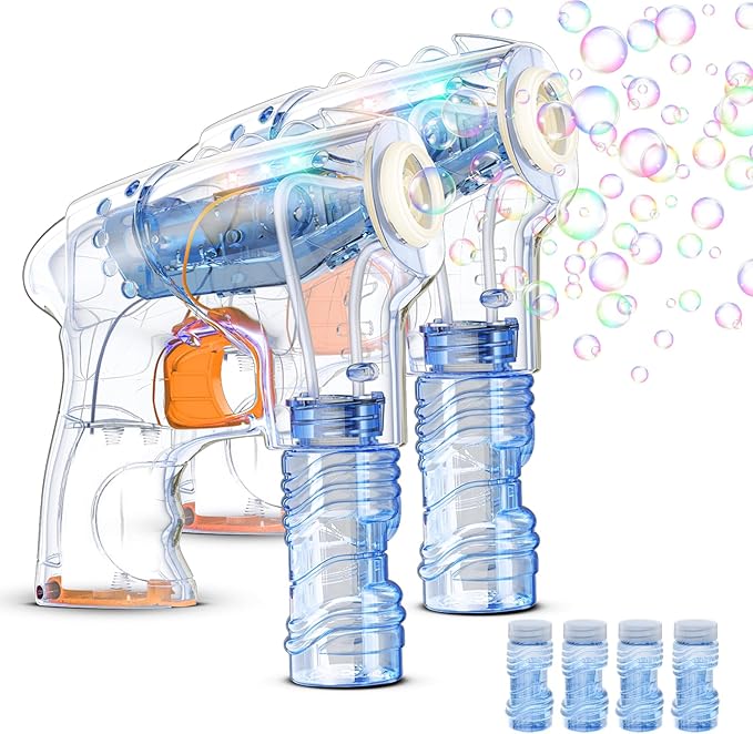 Kid Odyssey 2 Pack Bubble Gun with 4 Refill Solution and 3 Colorful LED Light, Bubble Machine for Kids, Bubble Maker for Party Favors, Birthday Gift, Indoor Outdoor Toys for Toddlers