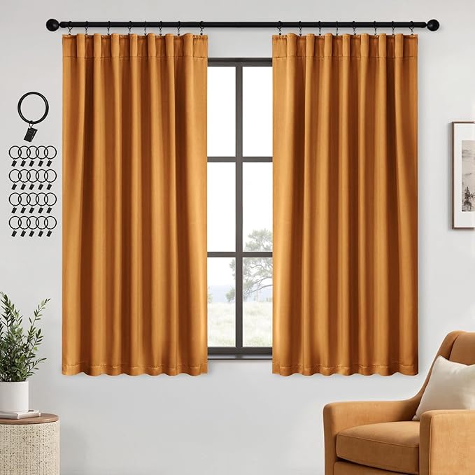 ANRODUO Back Tab Blackout Curtains for Bedroom Living Room, Rod Pocket Pinch Pleated Thermal Insulated Room Darkening Curtains 63 Inches Long 2 Panels, Mustard Yellow, 42 x 63 Inch
