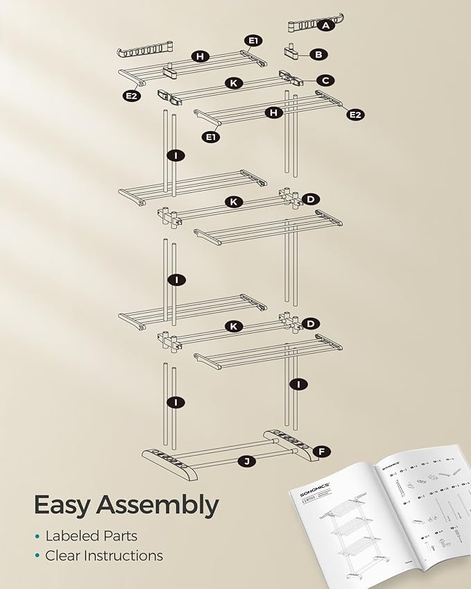 SONGMICS Clothes Drying Rack Stand 4-Tier, Foldable Laundry Drying Rack 68.1-Inch Tall, Steel, Rolling Clothes Horses Dryer Rack, Easy to Assemble, Indoor Outdoor Use, White ULLR701W01
