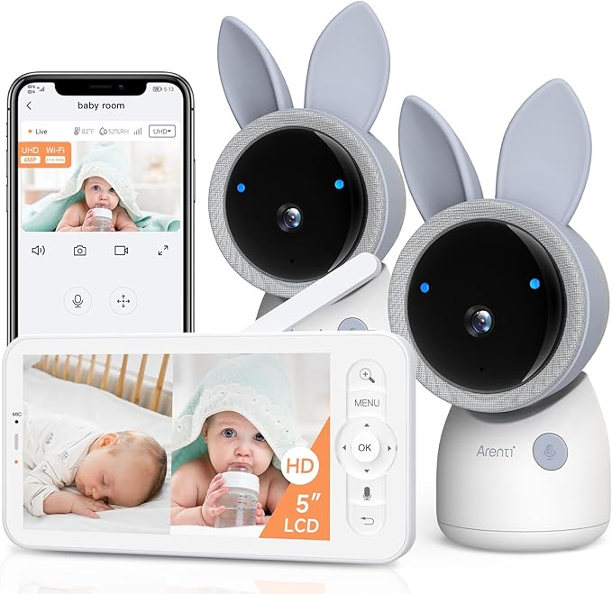 ARENTI 4MP 2.4G&5G WiFi Baby Monitor with 2 Cameras and Audio, Night Light, Auto Traking, Cry&Motion Detection, Temperature Sensor, App Control
