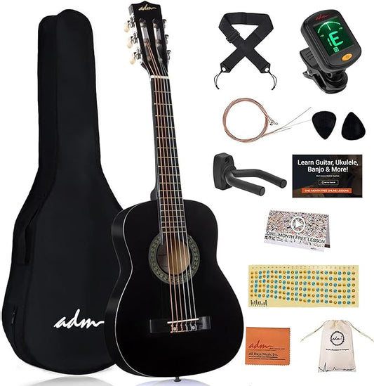 ADM Beginner Acoustic Classical Guitar 30 Inch Nylon Strings Wooden Guitar Bundle Kit for Kid Boy Girl Student Youth Guitarra Online Lessons with Gig Bag, Strap, Tuner, Extra Strings, Picks,Black 1