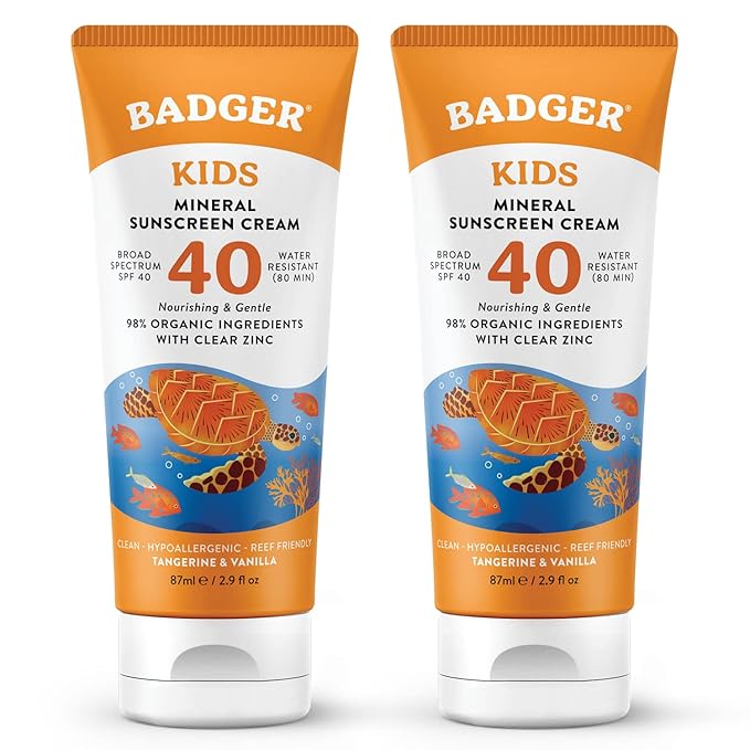Badger Kids Mineral Sunscreen Cream SPF 40, 98% Organic Ingredients, Zinc Oxide Sunscreen for Kids Face & Body, Water Resistant, Reef Friendly, Hawaii Approved Sunblock, 2.9 fl oz, 2-Pack