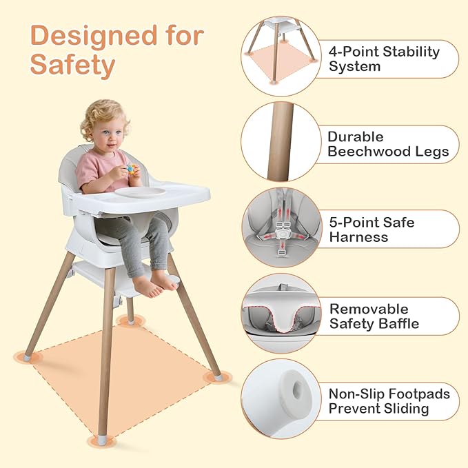 9 in 1 Convertible Baby High Chair with Booster, Wooden Highchair for Babies and Toddlers with Adjustable Tray & 5-Point Harness, Multi-Functional Growing Seat for Feeding, Learning & Play, Gray