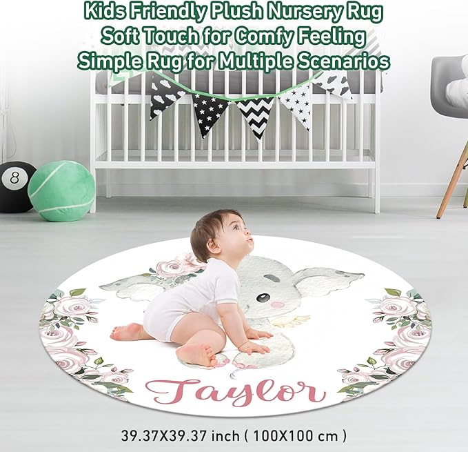 Personalized Baby Crib Bedding Set - Custom Name Lovely Elephant Design 3 Pcs Set - Soft Blanket with Double Layer Dotted Backing, Fitted Sheet, Room Rug for Newborns Boys Girls Shower Gift