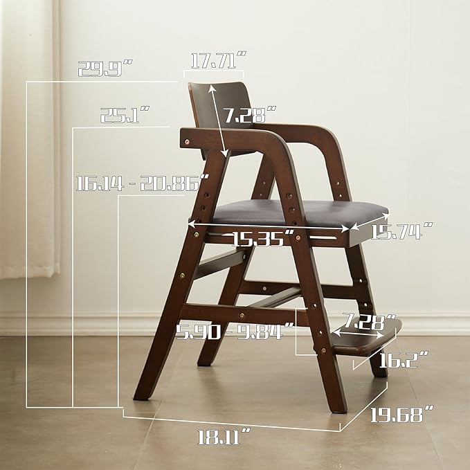 Solid Wood high Chairs for Toddlers,High Chair Grows with Kid for Dining, Study Chair for Children, Walnut Color