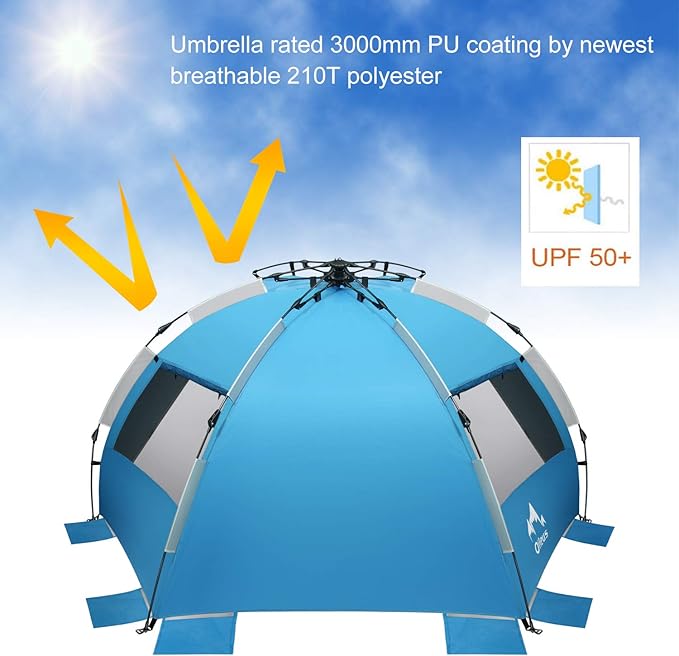 Oileus X-Large 4 Person Beach Tent Sun Shelter - Portable Sun Shade Instant Tent for Beach with Carrying Bag, Stakes, 6 Sand Pockets, Anti UV for Fishing Hiking Camping, Waterproof Windproof, Blue