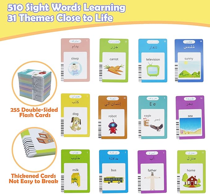 MAYAPHILOS Arabic and English Speaking Flash Cards with 510 Sight Words, Learn Arabic for Kids, Audible Pocket Speech Early Educational Toys for Toddlers 2 3 4 5 6 Years Old