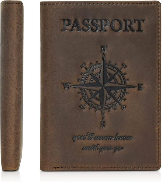Polare Luxury RFID Blocking Leather Passport Holder Travel Wallet For Men and Women (Dark Brown Compass)