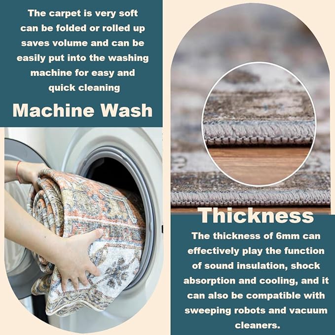 Washable Area Rug 10'x14' Red Blue Retro Flowers Boho Design Non-Shedding Easy Care Ideal for High Traffic Areas in Living Room Bedroom Office Coffee Table Kitchen Large Carpet