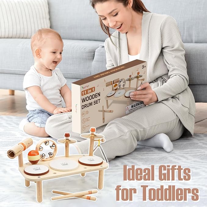 Kids Drum Set - Montessori Toys for 2 Year Old Boy Girl Birthday Gifts, 11 in 1 Wooden Musical Instruments for Toddlers 2-3, Musical Activity Table Preschool Learning Toys for Baby 18+ Months